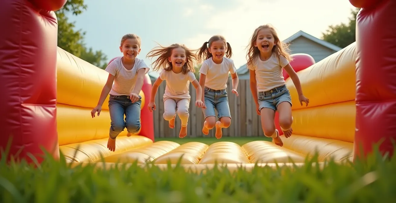 Enfants jouant dans un parcours gonflable coloré, souriant et sautant dans un jardin ensoleillé