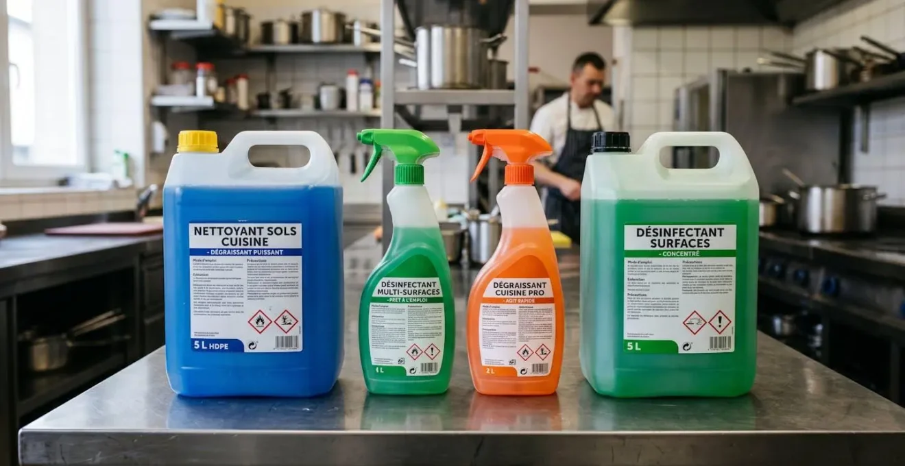 Assortiment de bidons et flacons de produits d'entretien professionnels pour cuisine de restaurant disposés sur plan de travail inox