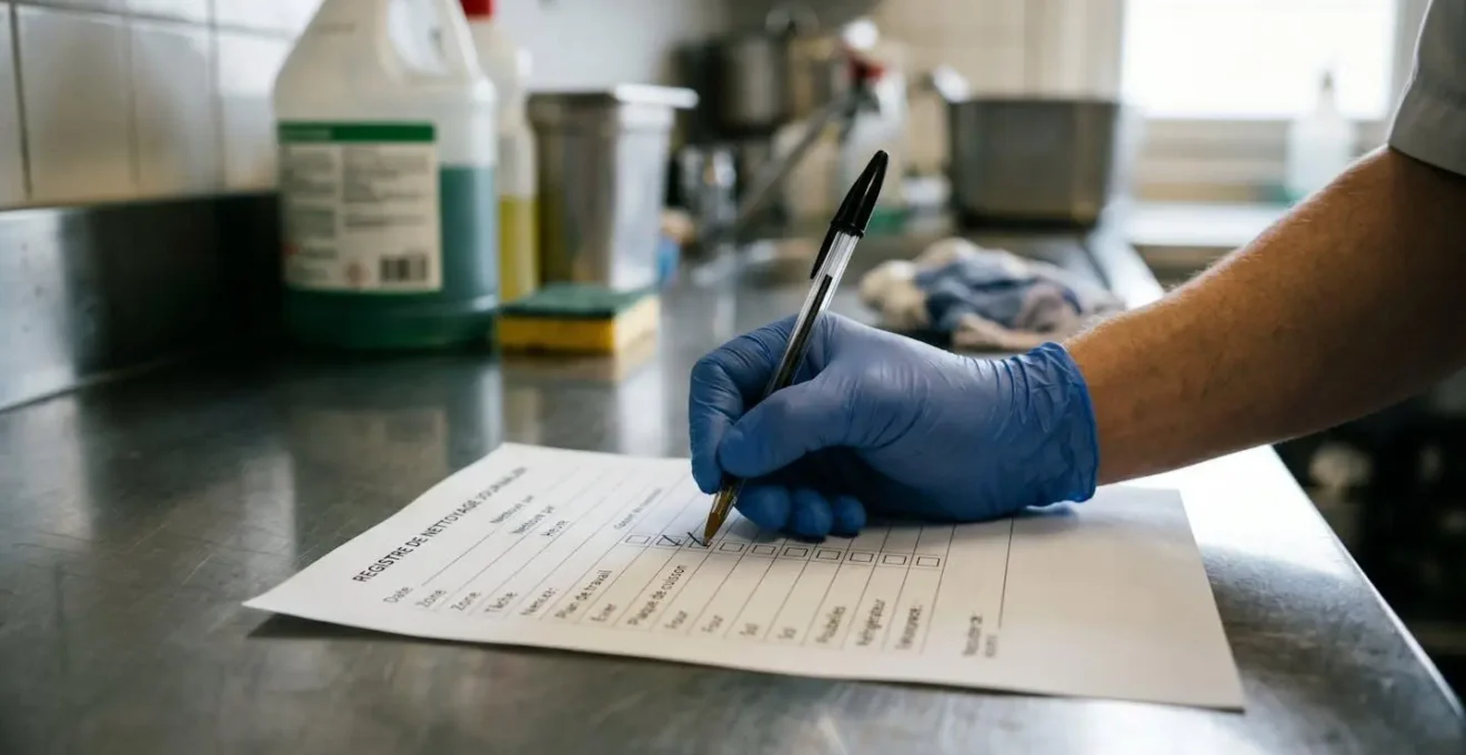 Main gantée de professionnel remplissant un registre de traçabilité de nettoyage dans une cuisine de restaurant