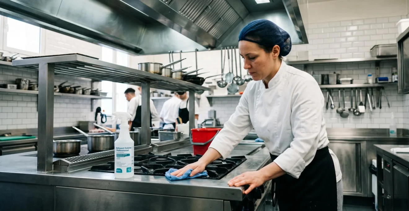 Membre de brigade en tenue professionnelle nettoyant un piano de cuisson en inox dans une cuisine de restaurant avec produit et chiffon microfibre