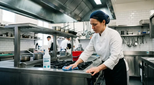 Membre de brigade en tenue professionnelle nettoyant un piano de cuisson en inox dans une cuisine de restaurant avec produit et chiffon microfibre