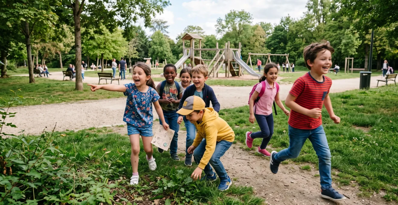 Children playing an outdoor treasure hunt game during a birthday party in a park in Palaiseau.