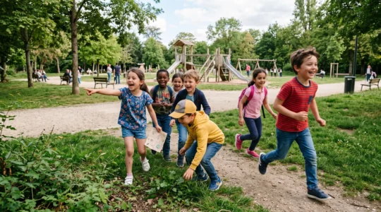 Children playing an outdoor treasure hunt game during a birthday party in a park in Palaiseau.
