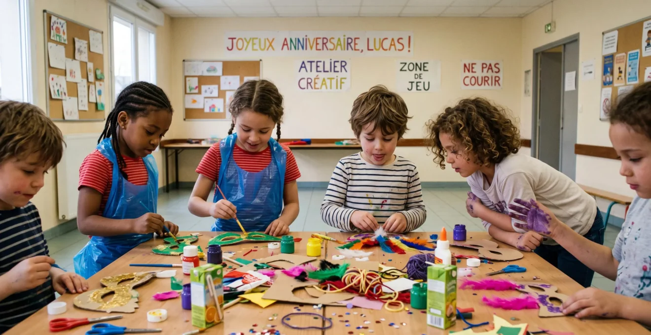 Children creating personalized crafts during an indoor creative workshop at a birthday party.