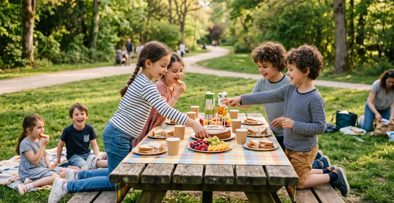 Children gathered around a picnic table enjoying birthday snacks in an outdoor park setting.