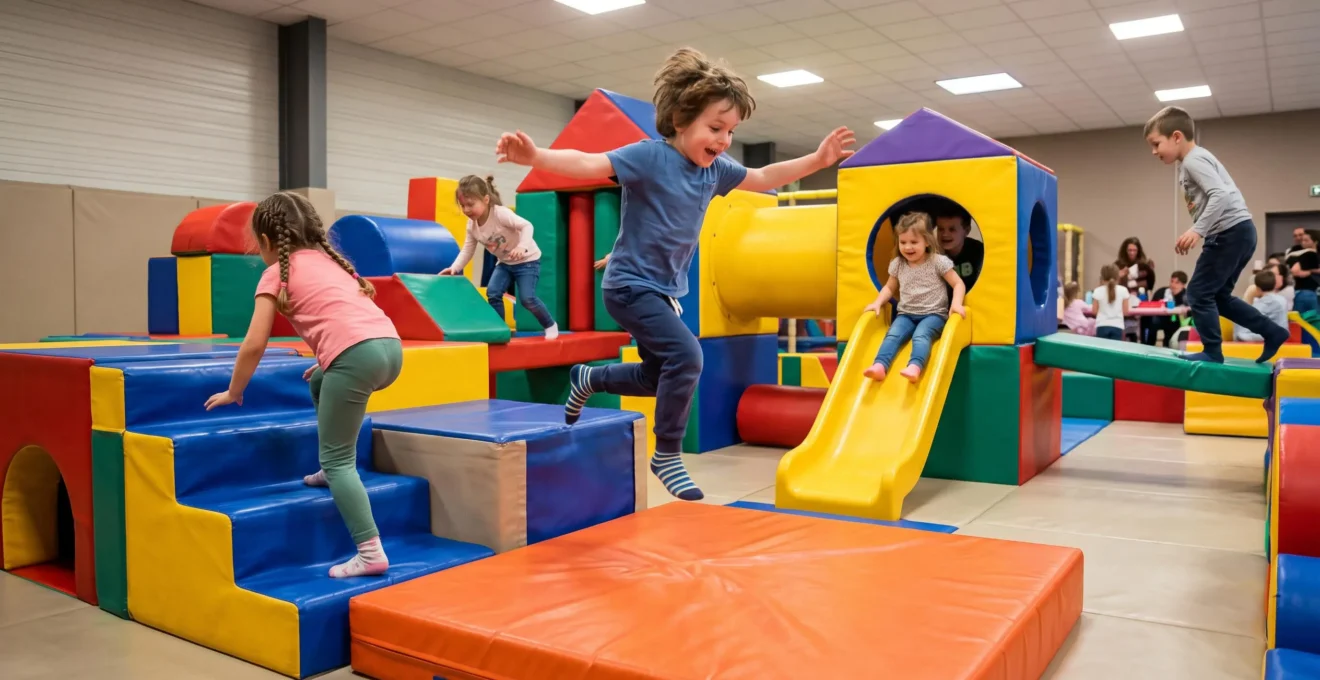 Children actively playing and climbing through an indoor soft play structure during a birthday party.
